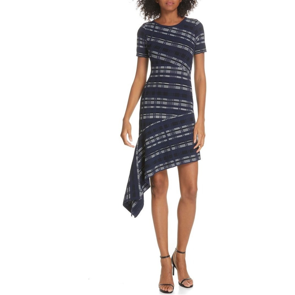 Milly Directional Plaid Asymmetrical Knit Dress in Blue Size P or XS